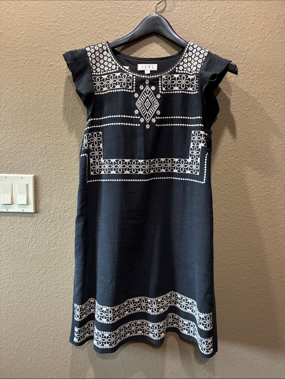 THML Black Shift Dress with Cream Embroidery